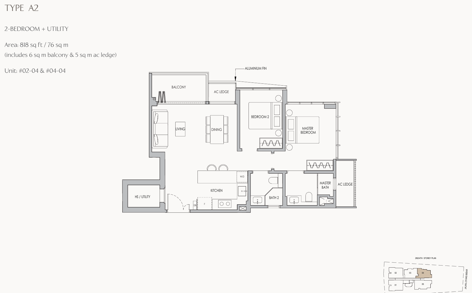 Type A2 · 2-Bedroom + Utility · 818 sqft