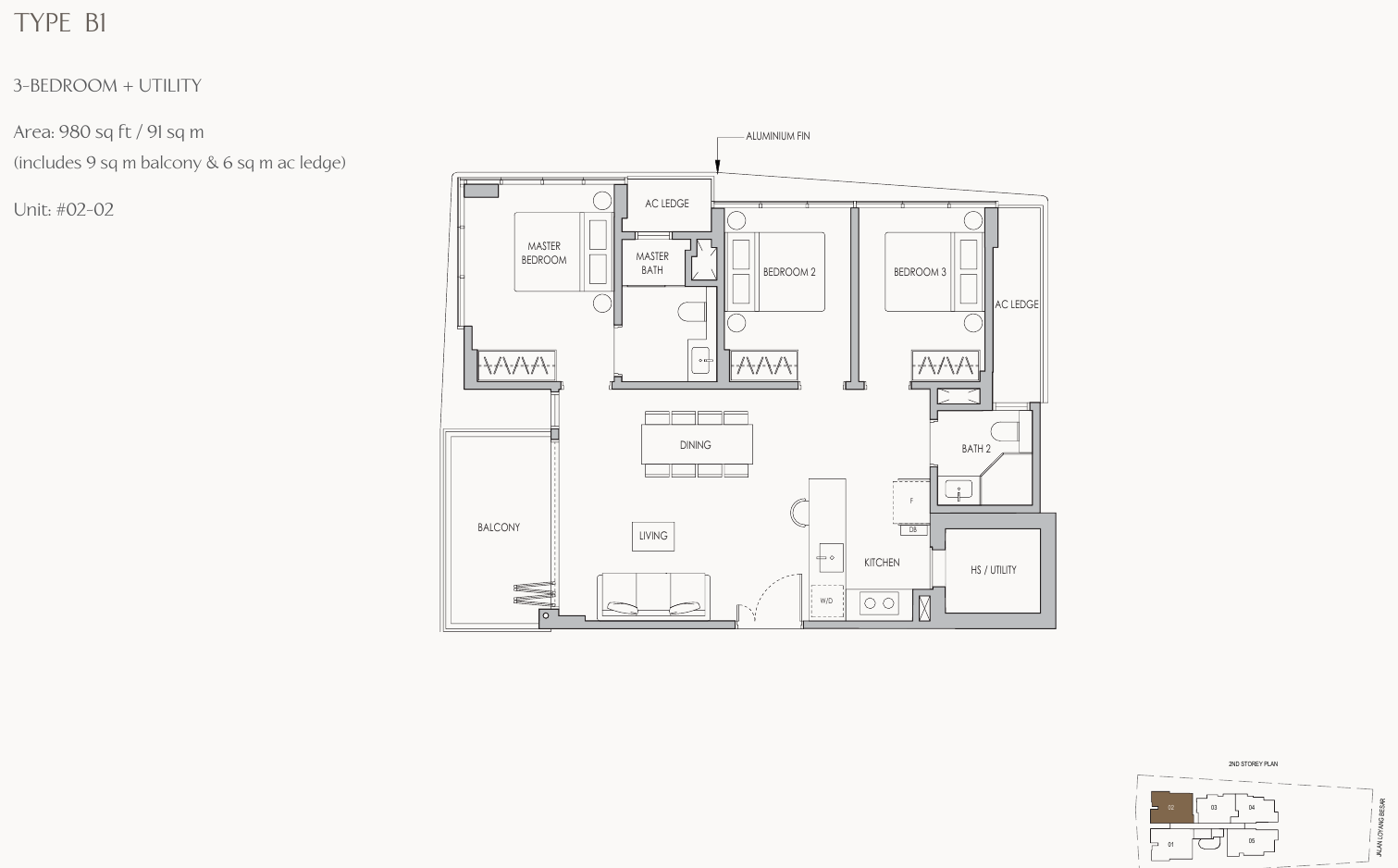 Type B1 · 3-Bedroom + Utility · 980 sqft