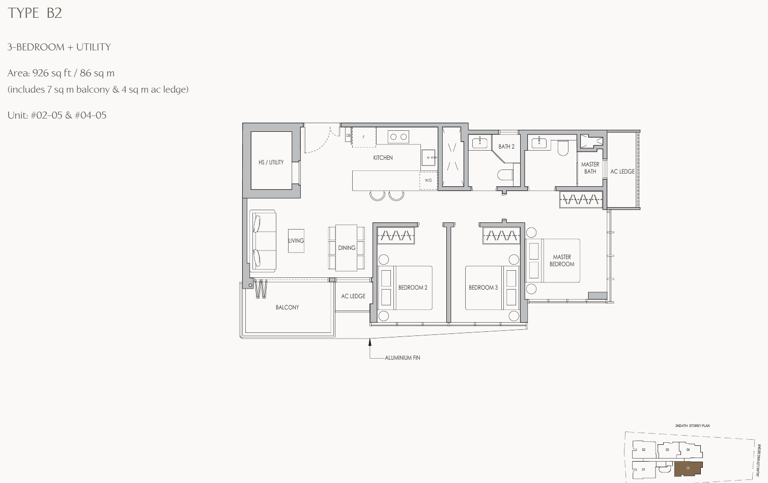 Type B2 · 3-Bedroom + Utility · 926 sqft